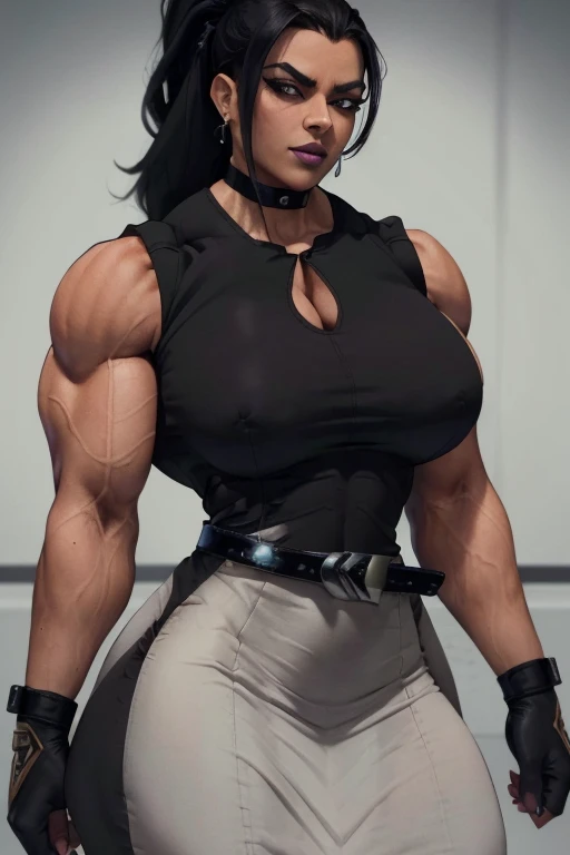 ((Close-up)), tall, (jet black hair) beautiful muscular woman, wavy ponytail, black skin, closed smile, (large breast), (black lipstick), (massive muscles), (hyper muscle), ((ginormous bulky muscles)), white eyes, (((((pencil dress with belt))))), (fingerl...