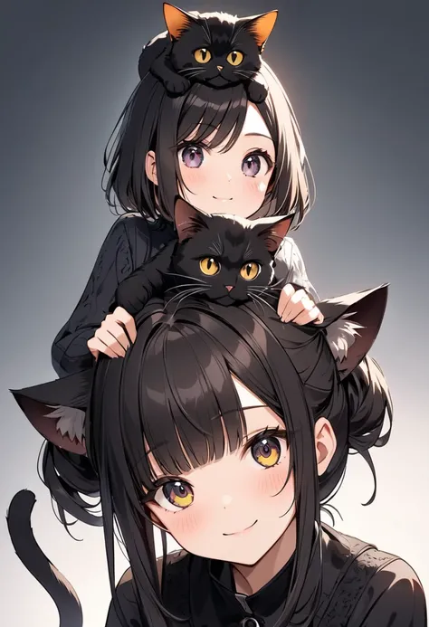 cute woman with a black cat on top of her head