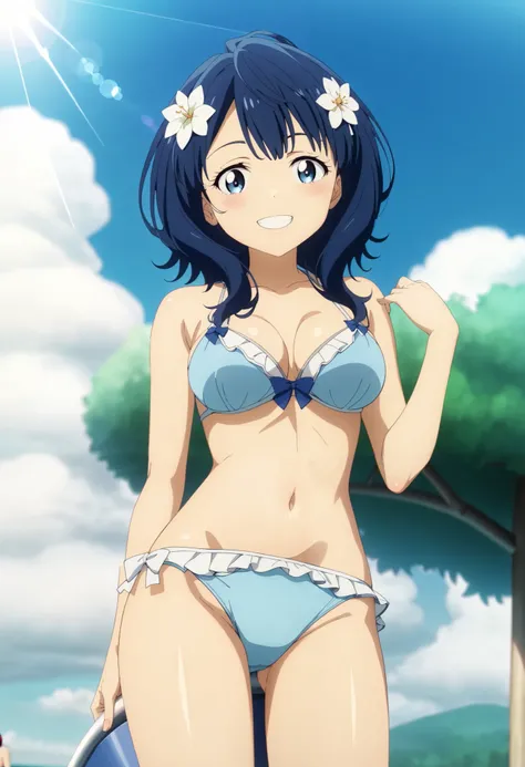Yanami Anna, medium hair , stupid hair, medium breast, blue hair ,blue eyes, big breasts, ピンクcolorのブラ, lace bra, ピンクcolorの panties , レース panties, Shiny Skin, smugface , smile, ( close one eye:1.2), , the back of the head , side, Place your lo...