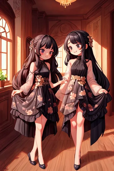 Masterpiece, best quality) 2 girls sisters black long hair, floral long formal dress, indoors, full body, smilling, mature girls, gorgeous body, gorgeous legs.
