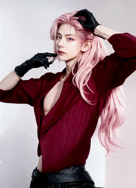 blonde man with pink hair and black gloves posing for a picture, with pink hair, delicate androgynous prince, long flowing pink hair, beautiful androgynous prince, long pink hair, v from devil may cry as an elf, sakimichan frank franzzeta, attractive andro...