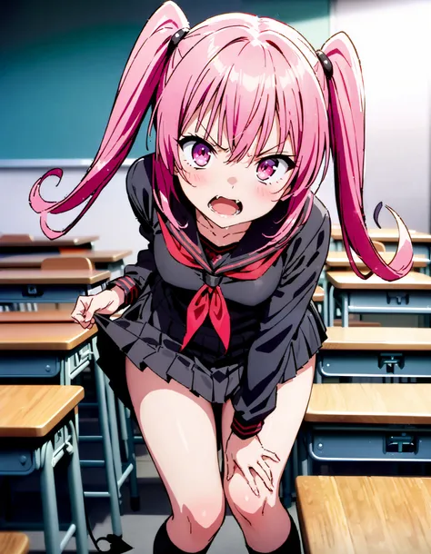 Nana Devil,  Nana Asta Deviluk,Solo fangs ,  long hair,  pink eye,  pink hair with a scar, demon tail ,  Twin Tails, small tits, Embarrassing,blush,Angry, open their mouths, Long Sleeve,Black sailor suit, black mini pleated skirt ,Black socks,Brown loafers...