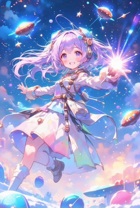 watercolor, pastel color, kawaii, pastel purple hair, rainbow color headdress, winter night sky, snow and stars, ultra detailed cute moe anime, chibi, dynamic angle, (close up face), smile, UFO Magical Girl paints a futuristic world where science and magic...