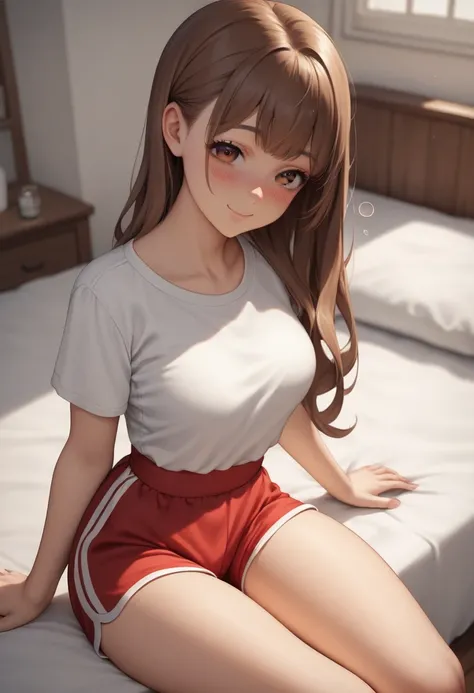 score_9, score_8_up, score_7_up, source_anime, best quality, clear face,shool 1girl, brown hair,long hair, brown eyes, medium breasts, perfect body, sitting, looking,cute drunk smile, mouth, wearing short red shorts,white mini sshirt, cute,blushing,sexy po...