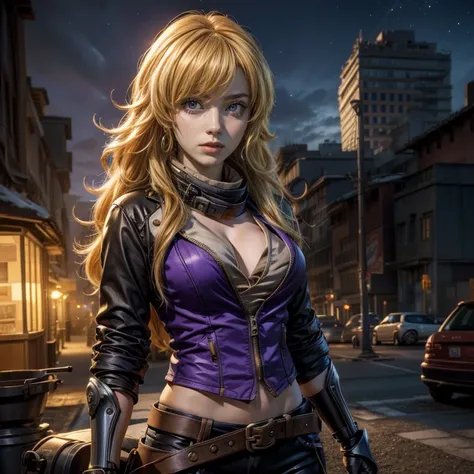 nighttime, stars, yangxiaolong, yang xiao long, long hair, blonde hair, (purple eyes:1.3), ahoge, bangs, BREAK cleavage, jacket, black pants, belt, mechanical arms, single mechanical arm, prosthesis, prosthetic arm, smile, BREAK outdoors, post apocalyptic ...