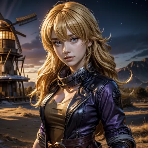 nighttime, stars, yangxiaolong, yang xiao long, long hair, blonde hair, (purple eyes:1.3), ahoge, bangs, BREAK cleavage, jacket, black pants, belt, mechanical arms, single mechanical arm, prosthesis, prosthetic arm, smile, BREAK outdoors, post apocalyptic ...