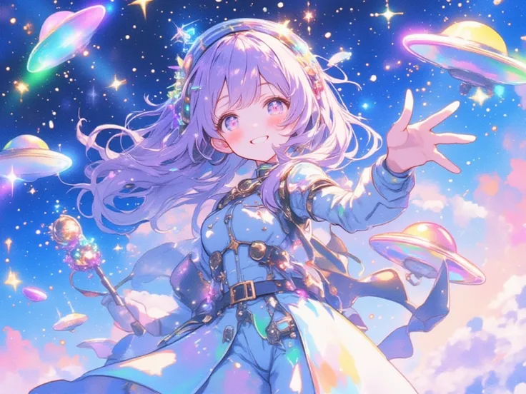 watercolor, pastel color, kawaii, pastel purple hair, rainbow color headdress, winter night sky, snow and stars, ultra detailed cute moe anime, chibi, dynamic angle, (close up face), smile, UFO Magical Girl paints a futuristic world where science and magic...