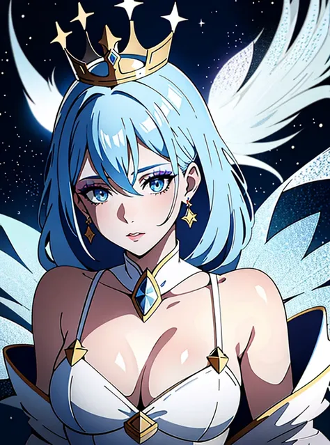  A woman wearing a celestial crown and a tight white dress,  blue hair, blue eyes, seductive look make up, makeup lip, queen, star earrings