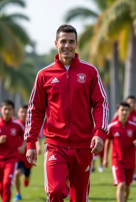  Create a physical education teacher with red and white buso brand Adidas, with his students and their logo on their chest JOCAMA royal palm  