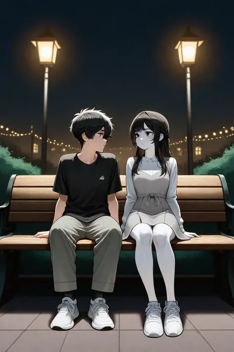  a couple in a public park at night, are sitting on a wooden bench, They stare at each other with some sadness representing a bitter farewell, the young and beautiful woman ,  has white skin and long black hair ,  wears a light gray sports dress and white ...