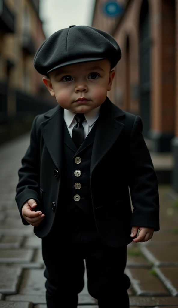 Create 4 individual different imae of iconic moment, memorable scene, viral pose and related image of famous duologue  of the saeries 'Peaky Blinder's using a two year old baby boy dressed dark suits, pants and iconic flat cap. Cinematic, Classicism, Chara...