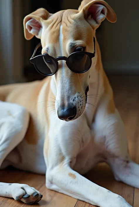 A greyhound, with huge breasts, naked and lying down, having sex, brown spots, two round black glasses, short hair, white fur with brown spots, long hairy snout, penis inside her vagina.