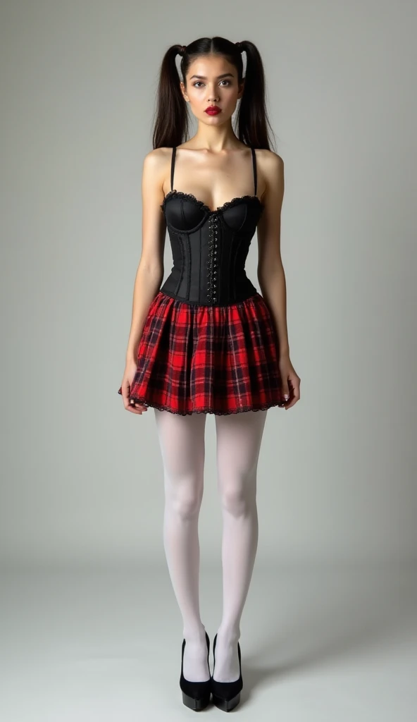 A 20-year old white brunette is standing in the studio. she is wearing a black corset and a too short red plaid accordin mini skirt. Her hair is in two smooth ponytails, which are gathered into rings on the sides of her head. She is wearing white tights an...