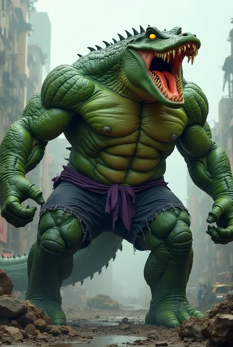 A gigantic, hulking crocodile monster inspired by the Hulk. The creature has massive, muscular limbs with green, scaly skin glowing faintly with gamma radiation. Its eyes are fiery yellow, filled with rage, and its jagged teeth protrude from its enormous j...