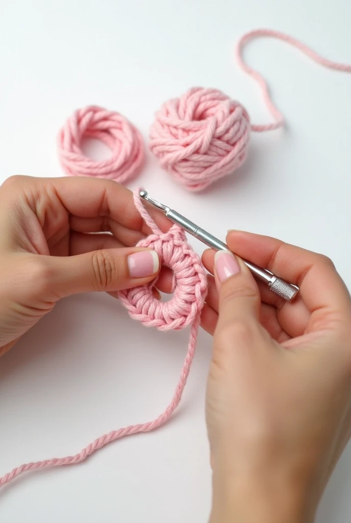 Step-by-step crochet tutorial showing hands making a magic ring with soft pastel pink yarn, detailed fingers holding a 5mm crochet hook, clean white background, soft natural lighting, clear focus on yarn texture and technique, cozy and inviting aesthetic