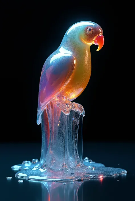 create an image of a multicolored glass parrot melting against a black background