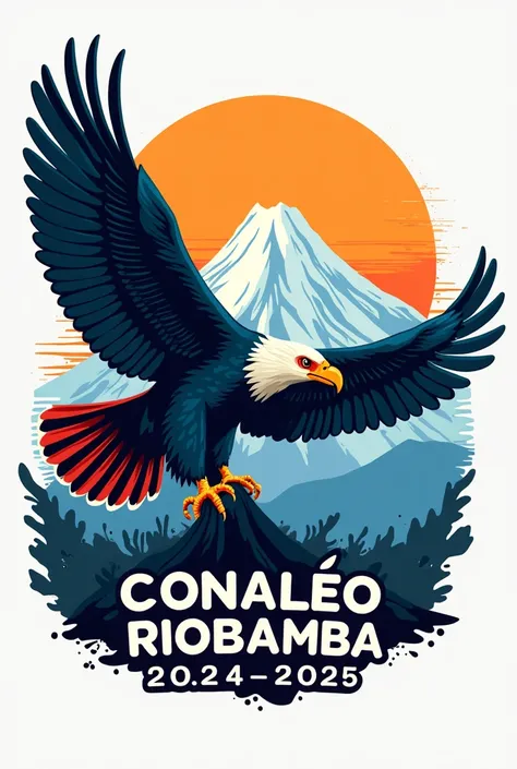 Illustration to be used as a logo  (imagotipo) of a Chimborazo Volcano event in animated style with an Andean condor flying forward to the right and with the name CONALEO RIOBAMBA 2024-2025