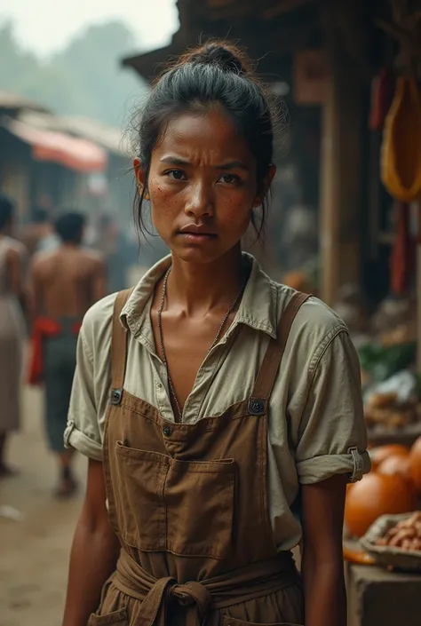 A poor young woman in the clothing of a market attendant with a suffering and realistic face