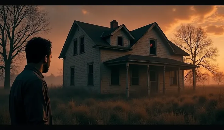 A hauntingly eerie shot of the abandoned farmhouse at dusk, with a dim, orange sky and long shadows stretching across the overgrown yard. The house is dilapidated, with broken windows and peeling paint. A faint, ghostly figure can be seen in the window, ad...