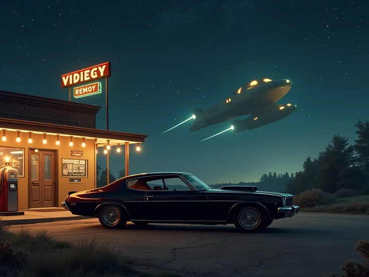 A black retro car stands at a gas station in the American-style of the 60s and 70s. Background - space sky with an alien ship. It's night outside and warm lanterns 