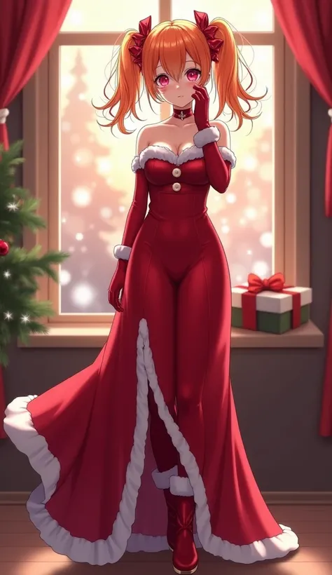 Double hair with orange pigtails,   covering right eye  ,  neon pink eyes , mujer adulta, girl,  

 Beautiful Santa Claus girl anime ,  full body

Red Santa Claus long dress, opening in one leg , white edges, strapless, red stockings, boots with red heels ...