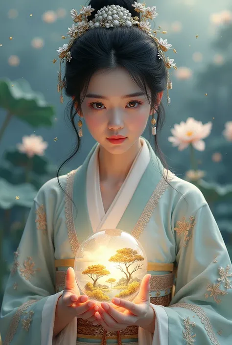 "Ethereal Asian fantasy woman, delicate porcelain skin, jade-like eyes with golden sparkles, traditional hanbok mixed with celestial patterns, flowing hair with silver petals, holding glowing orb containing miniature landscape, mystical clouds, lotus flowe...