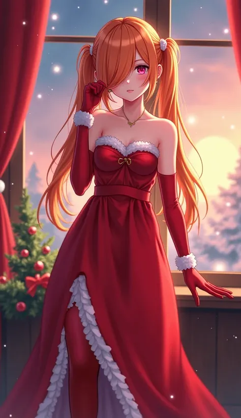 double hair long pigtails Orange,   covering right eye  ,  neon pink eyes , mujer adulta, girl,  

 Beautiful Santa Claus girl anime ,  full body

Red Santa Claus long dress, opening in one leg , white edges, strapless, red stockings, boots with red heels ...