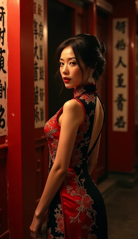 Asian Thai woman, 20s, wearing a red and black cheongsam dress with gold embroidery,  low-cut neckline, and ornate floral patterns.  Dark hair styled in a bun. A confident and somewhat seductive pose, looking off to the side,  with a slight tilt of the hea...