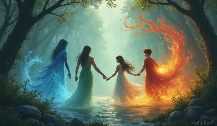 A magical gathering of four elemental spirits: water as a serene blue stream, earth as a sturdy figure with green and brown hues, air as a graceful woman with flowing hair like the wind, and fire as a glowing boy with bright orange flames in his hands. The...