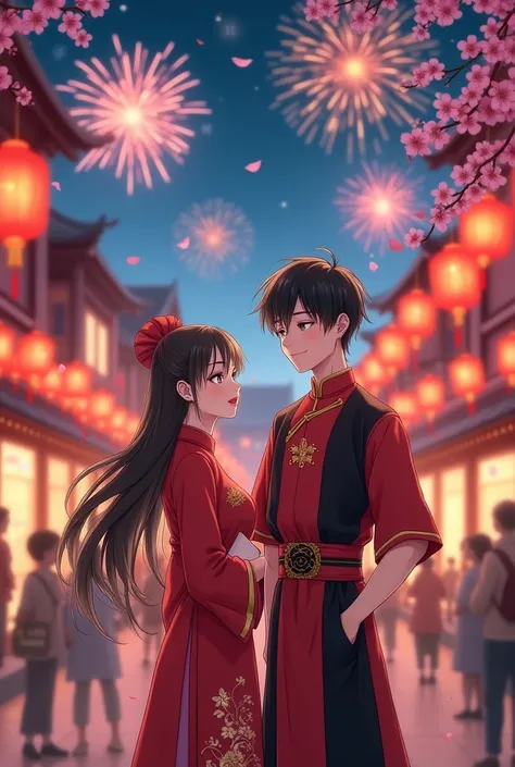 The scene is set in a vibrant, stylized town square, with red lanterns hanging from the trees, each glowing softly. In the background, fireworks explode in the night sky, casting colorful reflections on the buildings. 

For the anime style, the central cha...