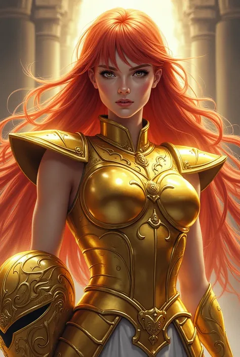  Beautiful red-haired Atlethic 30-year-old woman dressed in the golden armor of Leo de Saint Seiya. Long straight hair falls through the armor while holding the helmet with her right hand  