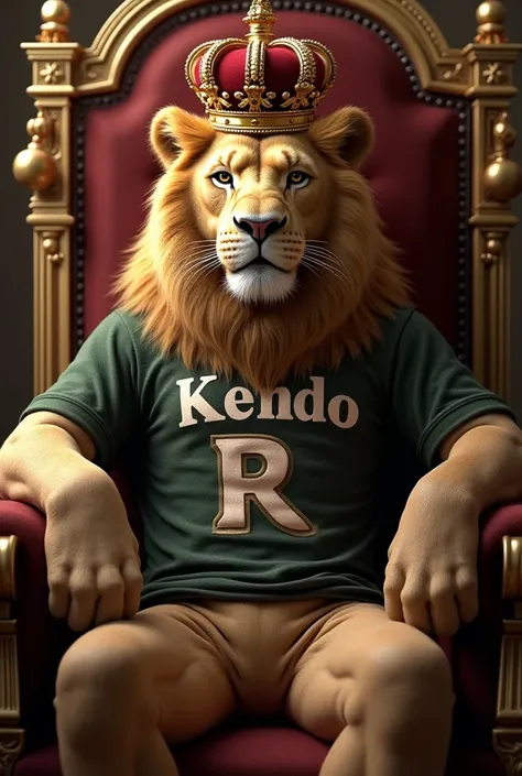 Lion with crown with the name KENDO R on his shirt in Spanish sitting on his throne 