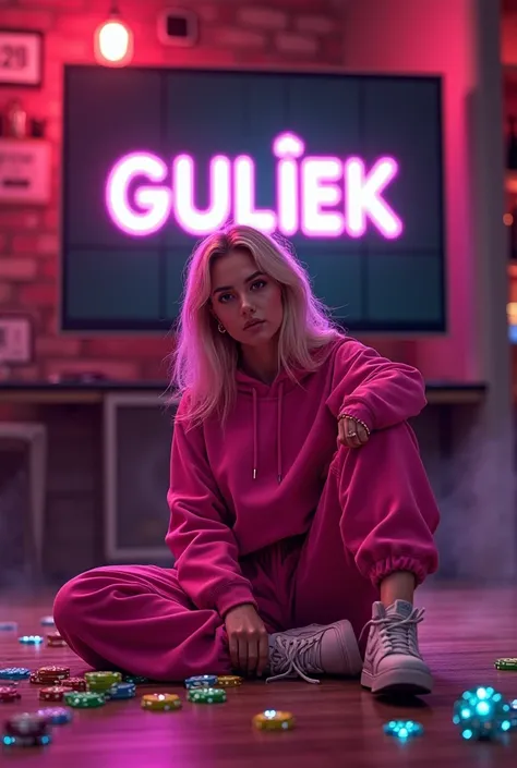 An eye-catching digital illustration featuring a sleek black screen displaying the Spanish text "GÜLÇİÇEK" (We are loading) in vibrant, LED-like colors. In the foreground, a chivi-inspired blonde-haired in pink Gülcicek sportswear and jogging pants sits on...