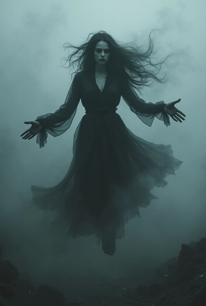  A mysterious and beautiful woman ,  flies over a dark and devastated setting, shrouded in a thick fog of silver ash .  Her face pale and ethereal carries a melancholic beauty ,  accented by opaque eyes , as if the light had been extinguished within them. ...