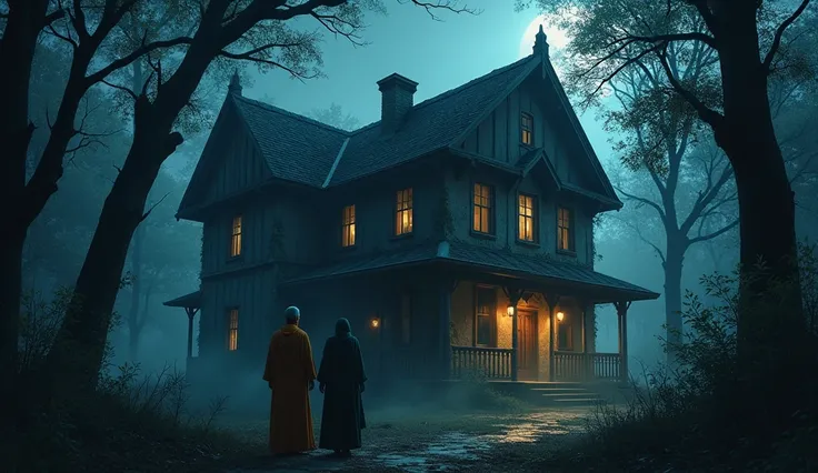  a haunted house in forest rest house at night, add a mature Pakistan couple in shalwar Qameez