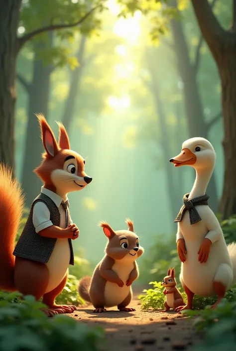  Create an animated image of a squirrel ,  a beaver and a goose watching a group of squirrels gathering seeds in the forest while they discuss their meaning. Dress them up half formal  
