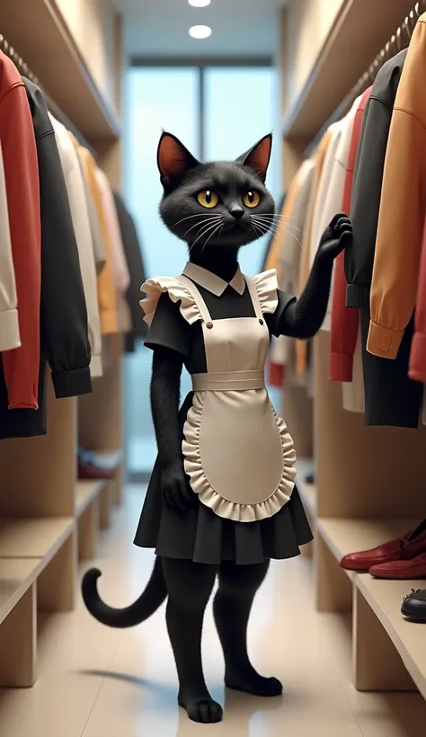 an anthromorphic cat with a black coat, with a sculptural body, Dressed as a maid, in a modern dressing room, I sell clothes in the locker room. She is taking clothes on one of the hangers. 