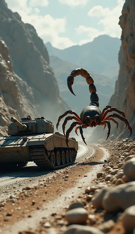 Give me a picture in which Tank and Scorpion is angry are together facing each other on beside 3d road.