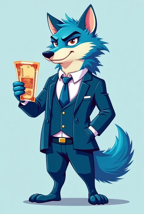 A wolf blue in a suit with Indian rupee on hand, cartoon