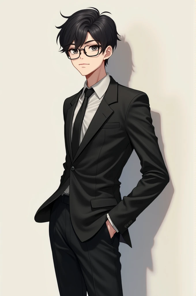 Cute male anime guy, eye glasses, black outfit 