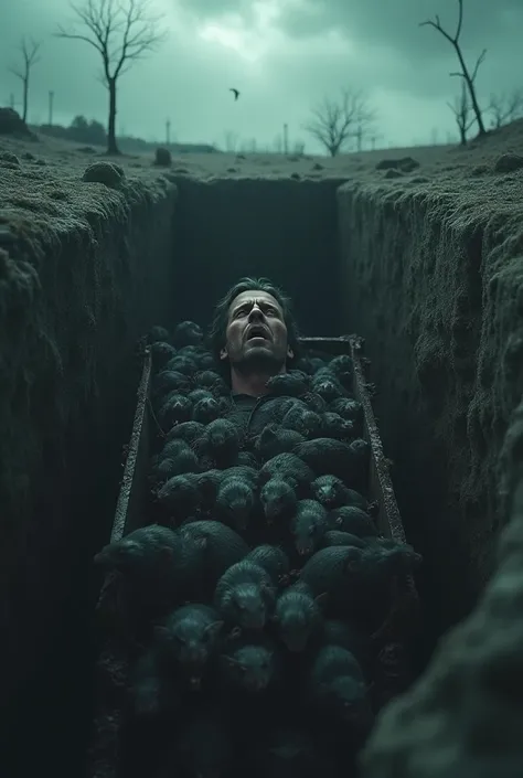 Full shot of a man in a man in a grave pit with a coffin full of rats