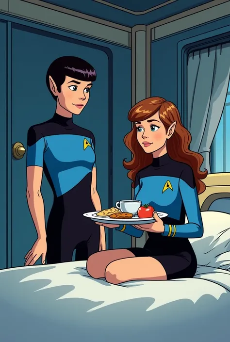 Spock, a twenty-year-old star with pointed ears, slightly rounded face wearing short black pajamas sitting on his white sheet bed next to him standing his wife in a blue and black uniform with long and brown curly hair, pointed and small, delicate ears, ho...