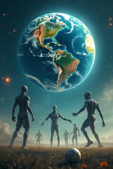 Aliens playing soccer using planet Earth as a ball 