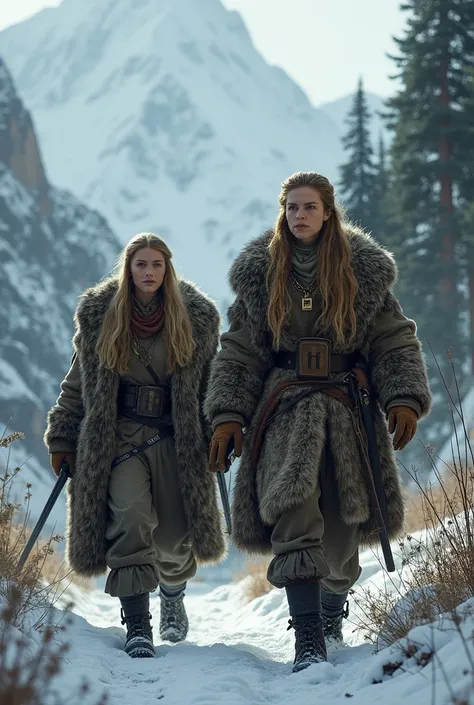 Fili and Kiki from the movie The Hobbit as female dwarves wearing heavy fur coats, boots, and sword gear while traveling cross country. 