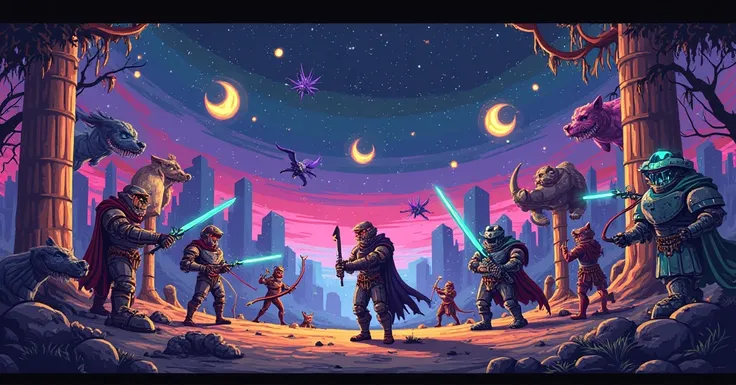 A vibrant and chaotic retro-style pixel art world, filled with a diverse cast of characters: humans, robots, cats, and dogs. These characters are scattered across the scene, each wielding unique weapons like glowing swords, enchanted bows, and futuristic g...