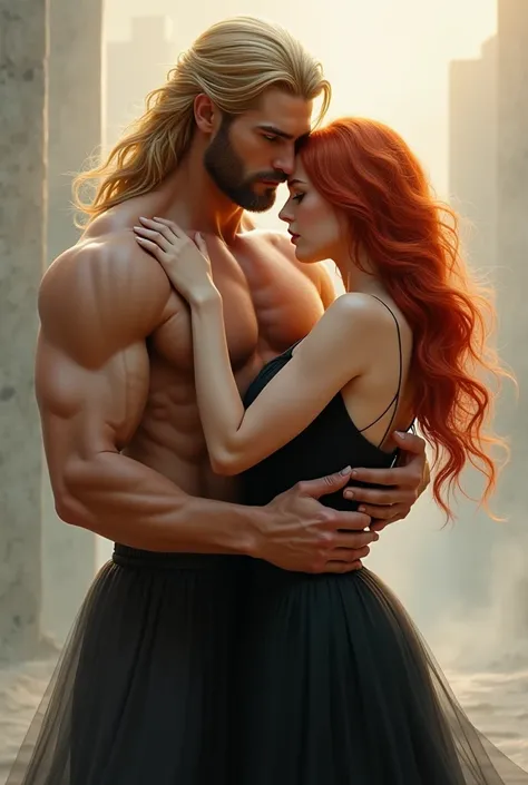  Create a graphic on which Strong man with long blond hair with a light beard, I embrace a beautiful redhead , pulchną kobietę w czarnej sukience 