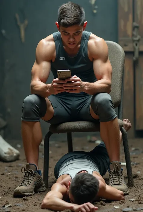 Un jeune homme sportif en Asics  boueuses, assis sur une chaise, regarde son smartphone et piétine un autre jeune homme allongé par terre sous ses pieds. Les pieds sur son corps.