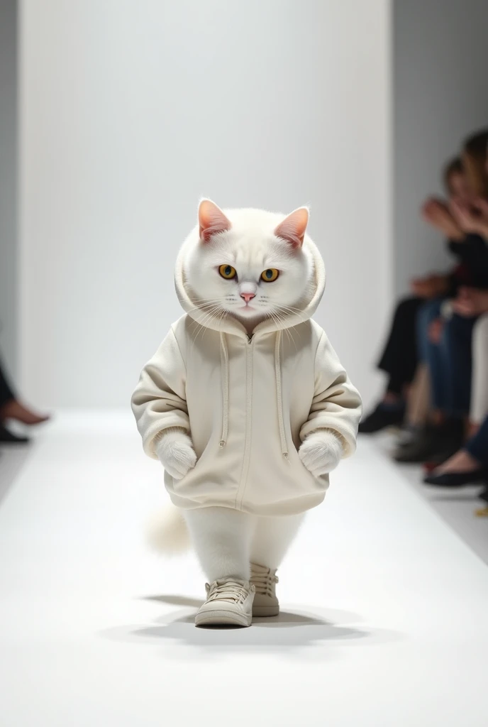  generate 3 photos
Cute white cat,  walking down the catwalk at Balenciaga ,  clothes curvy in hoodie and sneakers ,  fashion show in anthropomorphic style ,  cat's muzzle visible ,  feeling of high class ,  fashion photography ,  real photos of cats ,  fu...