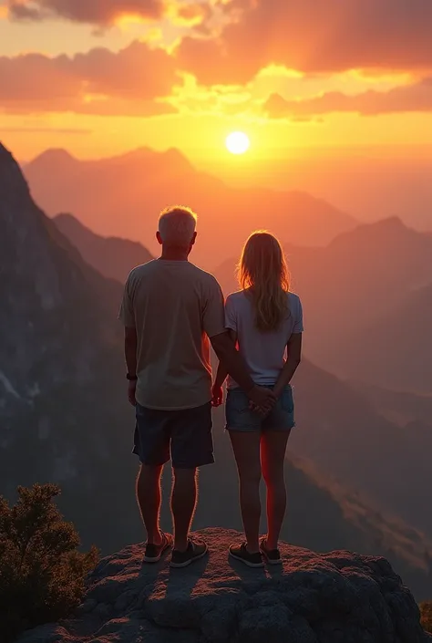 un couple d'adulte en haut d'une montagne regardant le coucher de soleil 