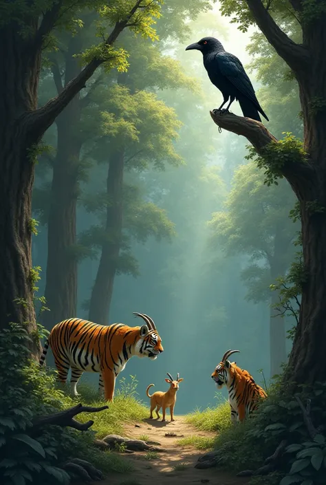 Goat  friend, a clever crow, saw everything and reported it to the tiger king. 